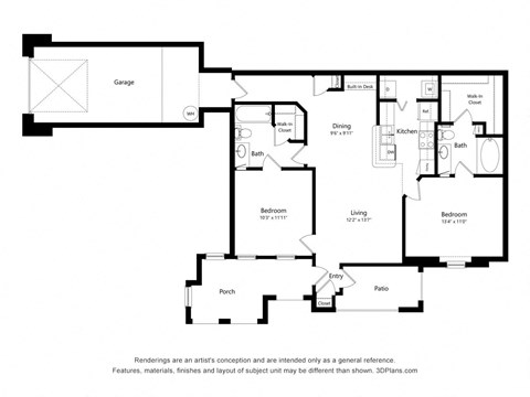 Floor plan for 2 beds, 2 baths, 988 sqft
